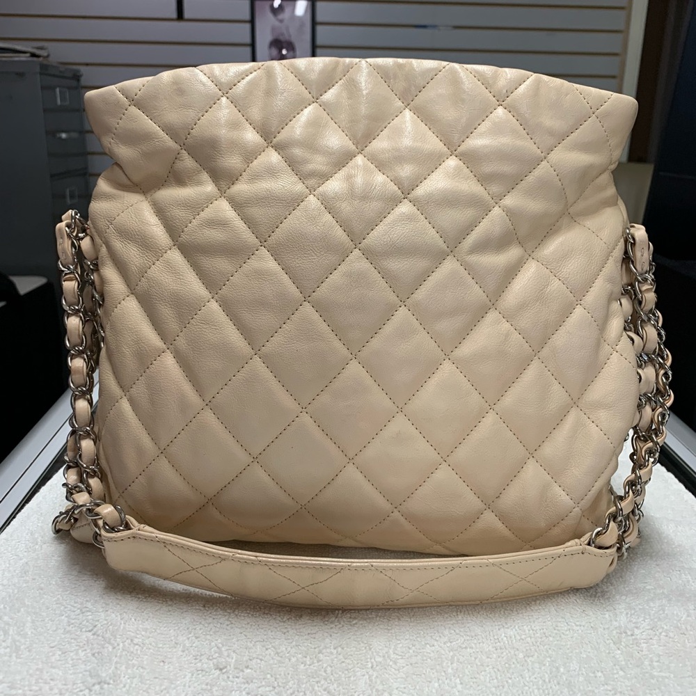 CHANEL Chain Me Beige Quilted Leather Hobo Bag